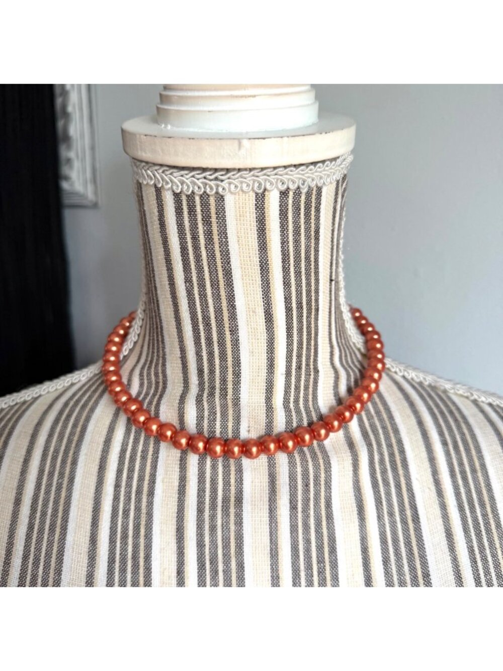 Vintage Red-Orange Beaded Torque Necklace Silver Tone Hardware